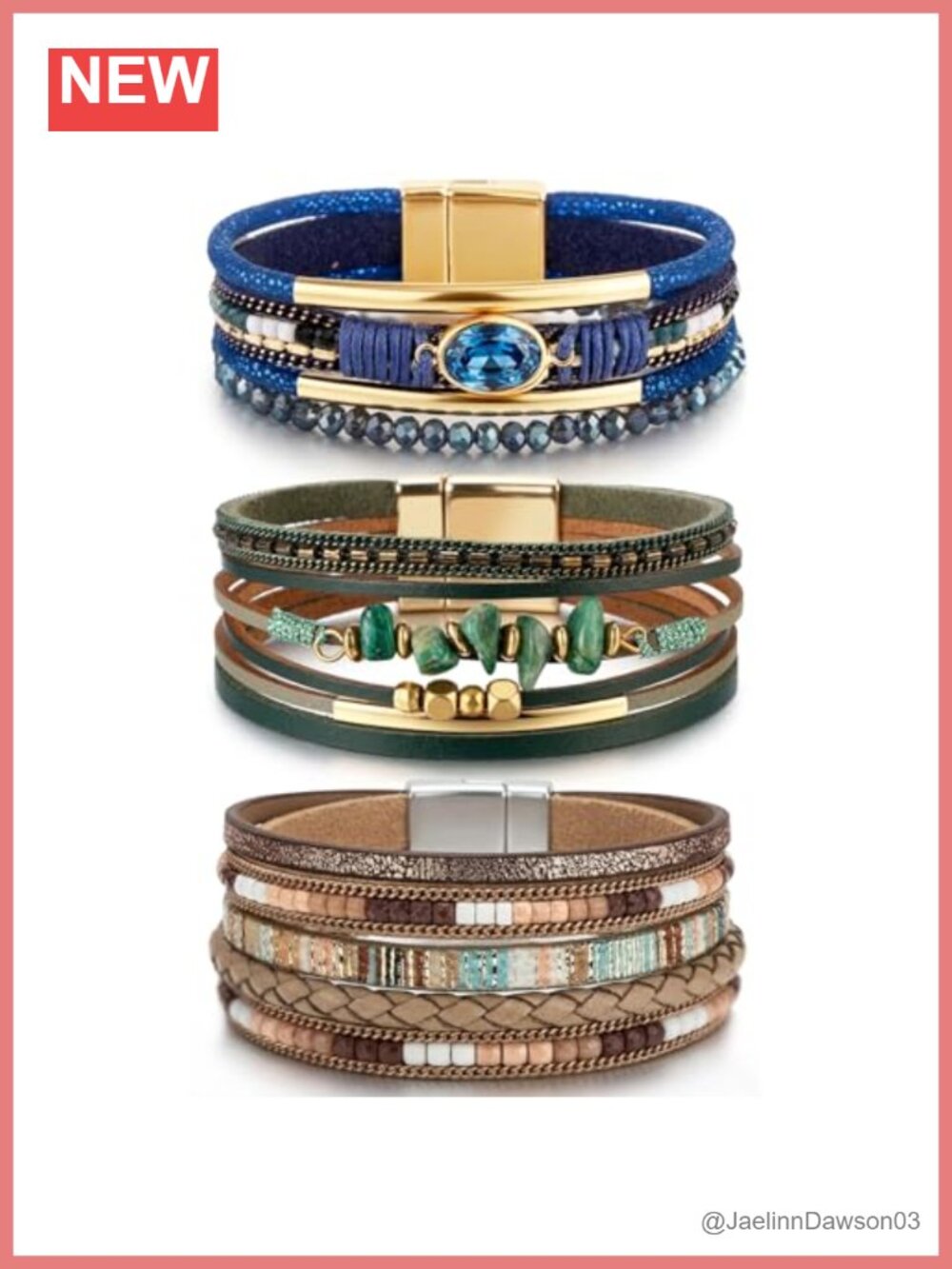Leather Wrap Bracelets 3pcs Multi-Layer Crystal Beads Boho Western Cuff